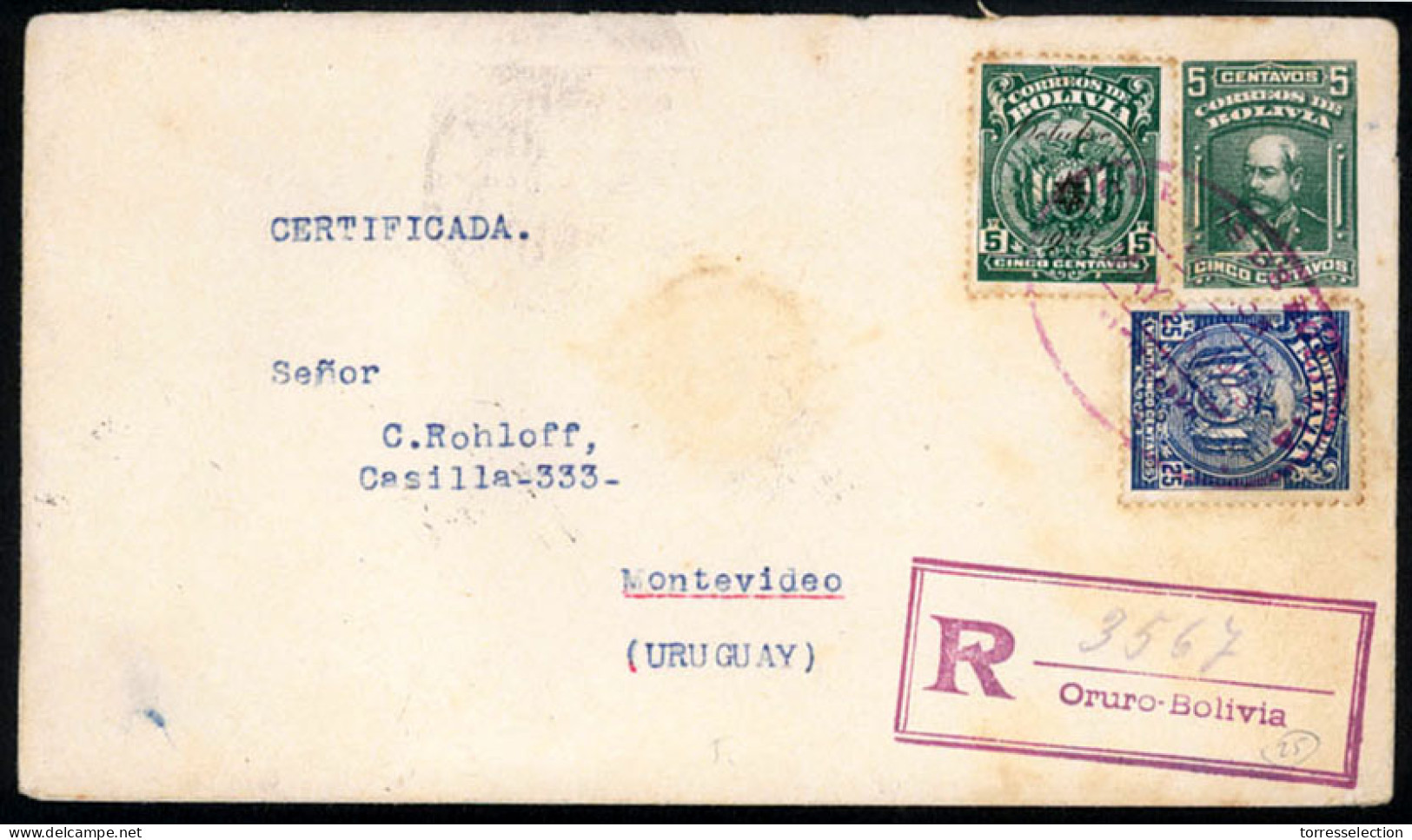 BOLIVIA. 1928. Late Usage Of 1913 5c Green Postal Stationery Envelope To Montevideo, Uruguay Franked At Registered Rate  - Bolivie