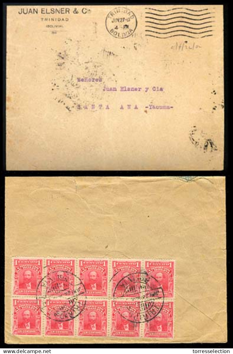 BOLIVIA. 1917(June 27). Cover To Santa Ana(Yacuma), Franked On Reverse With Block Of Ten 1913 1 C Carmine Rose All Tied  - Bolivie