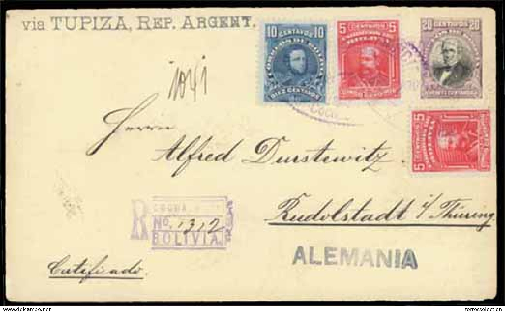 BOLIVIA. 1904. Registered Usage Of 20c Violet On Yellow Postal Stationery Envelope Used To Germany And Up-rated With 190 - Bolivie