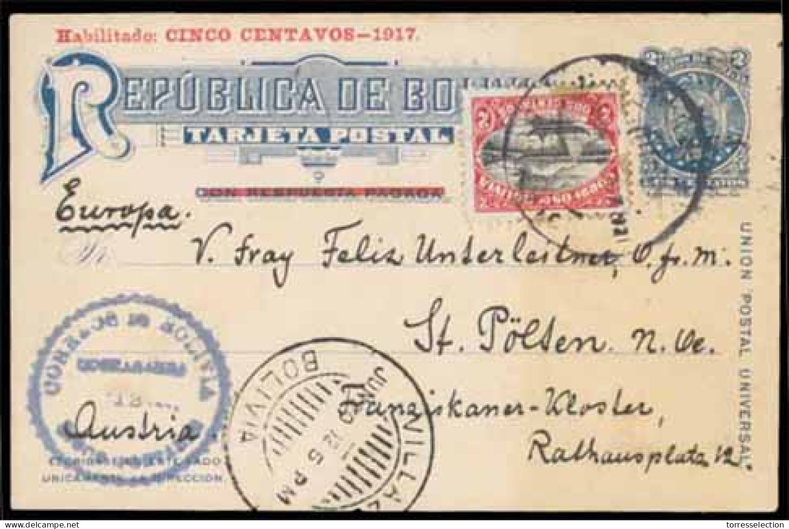 BOLIVIA. 1921 (June 10). 2c Blue Postal Stationery Card Of 1917 Used To Germany And Up-rated With 1916 2c Carmine & Blac - Bolivia