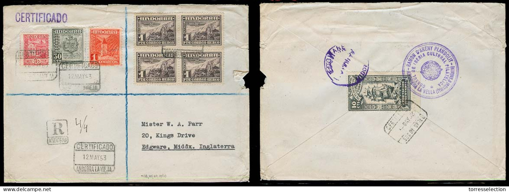 ANDORRA. 1953 (12 Mayo). A La Vieja - UK. Sobre Certificado Franqueo Multiple Incl 1 Pta Bloque + Tarifa 5 Ptas 75c. - Other & Unclassified