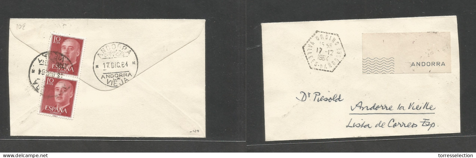 ANDORRA. 1964 (17 Dic) A. La Vieja Uso Local, Con Tasa De Lista De Correos (x2) 2 Sellos Franco De 10 Cms. El Correo Loc - Andere & Zonder Classificatie