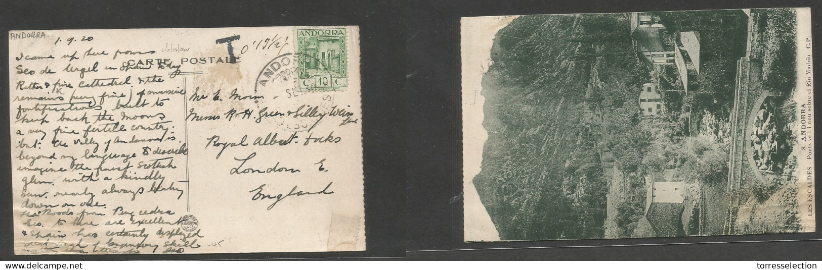 ANDORRA. 1930 (1 Sept) Les Escaldes - UK, Englet. Fkd Ppc. 10 Cms Green, Tied Cds + Taxed T 0,13 1/2 Gold. Fine And Scar - Autres & Non Classés