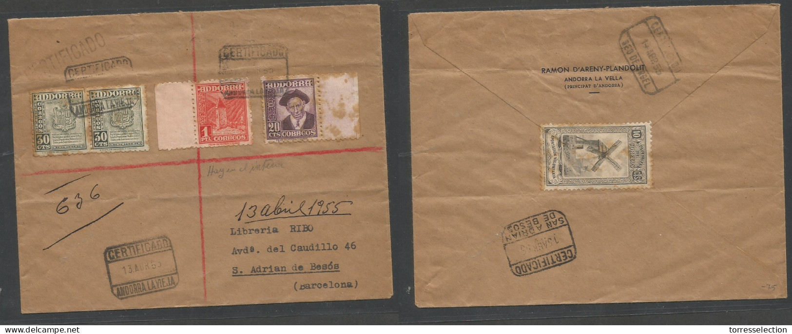 ANDORRA. 1953 (13 Abr) A. La Vieja - Barcelona, S. Adrian De Besos (15 Apr) Sobre Franqueo Multiple Certificado, Tarifa  - Otros & Sin Clasificación