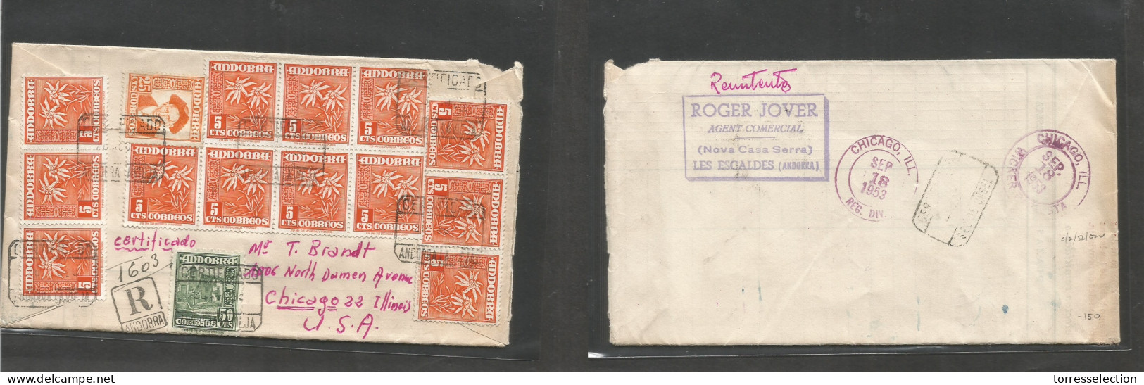 ANDORRA. 1953 (20 Aug) Correo Español. A. La Vieja - USA, Chicago, Ill (18 Sept) Sobre Certificado Franqueo Multiple. Ta - Otros & Sin Clasificación