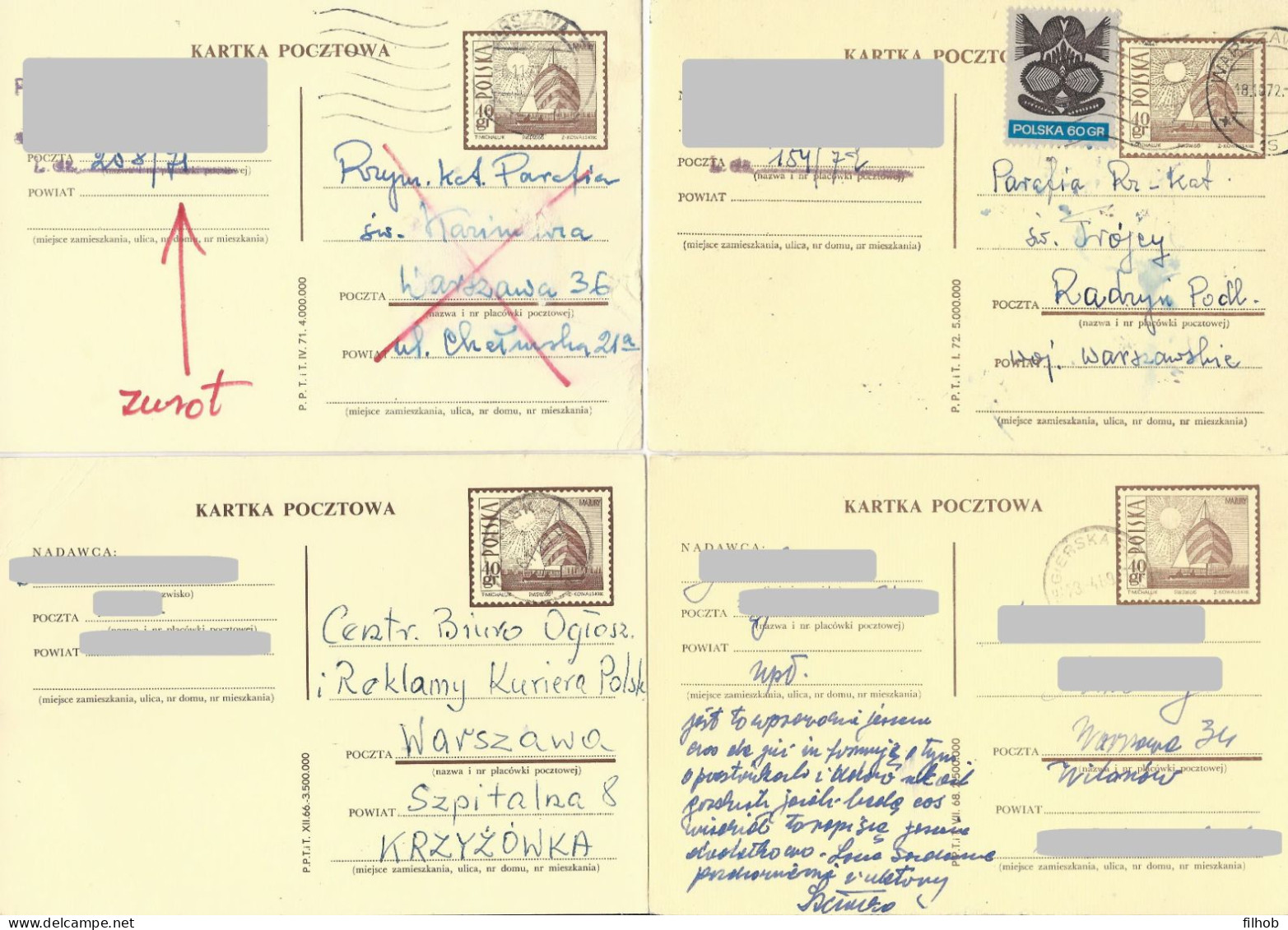 Poland Postcard (2077) Set4+: Used Cp 316 S.66.XII+68.VII+71.IV+72.I Yacht In Masuria Sun (postal Circulation) - Stamped Stationery