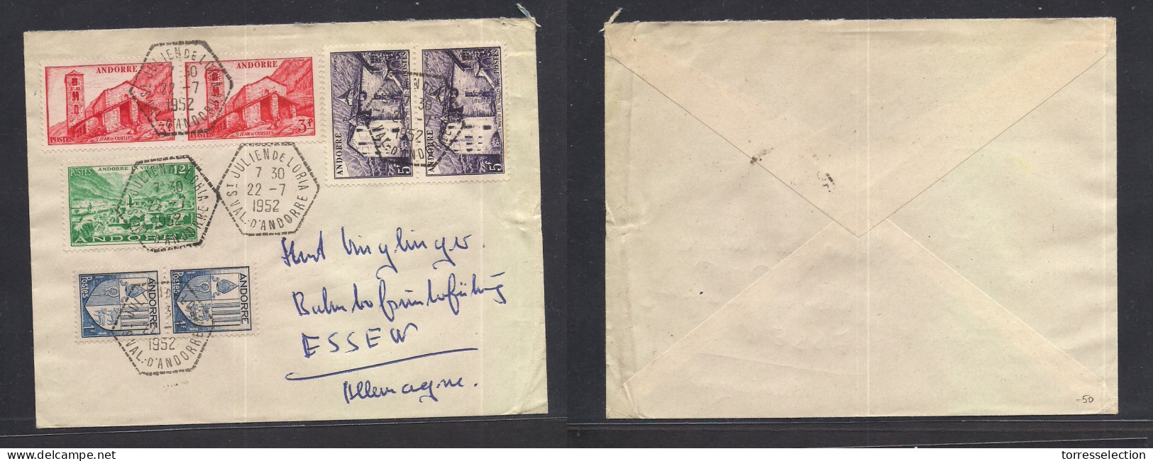 ANDORRA. 1952 (22 July) French Post Office, St. Julien - Essen, Germany. Multifkd Env. Fine. - Altri & Non Classificati