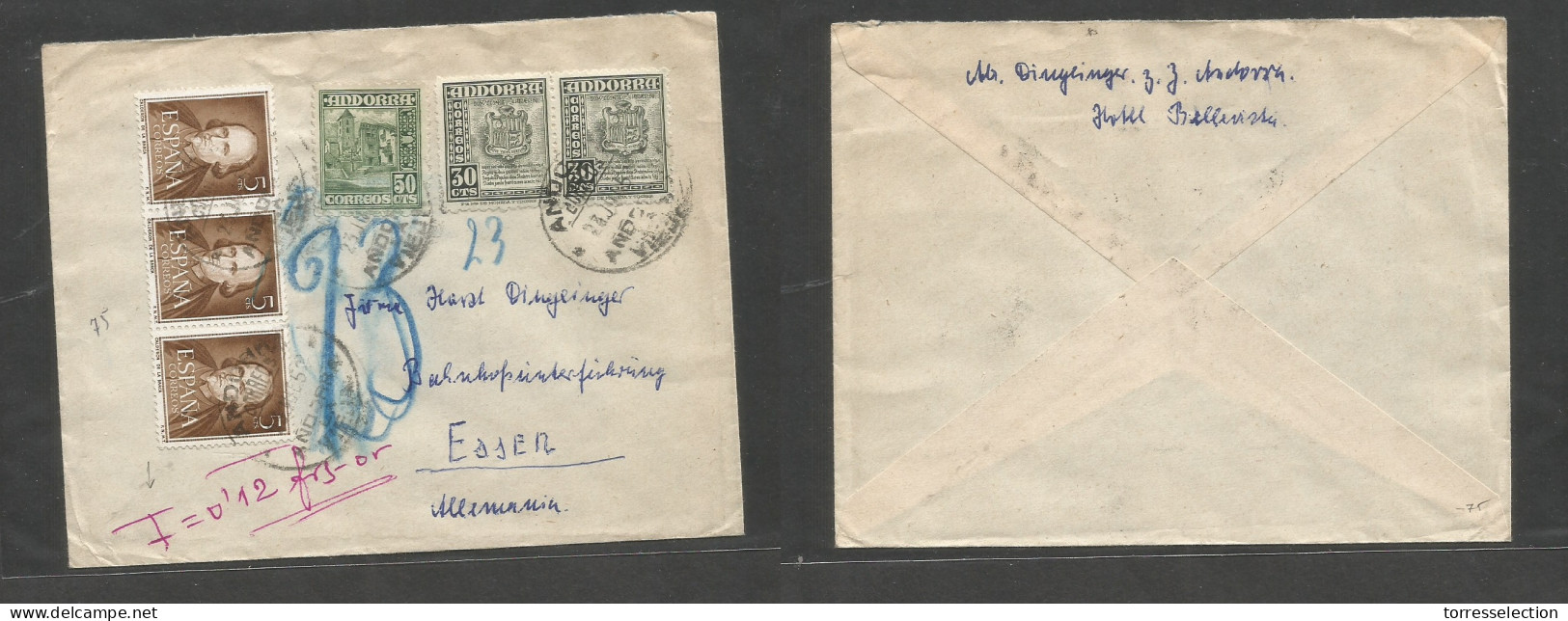 ANDORRA. 1952 (23 June) Oficina Española. A. La Vieja - Alemania, Essen. Franqueo Multiple Mixto Español Y Local, Mat Fe - Altri & Non Classificati