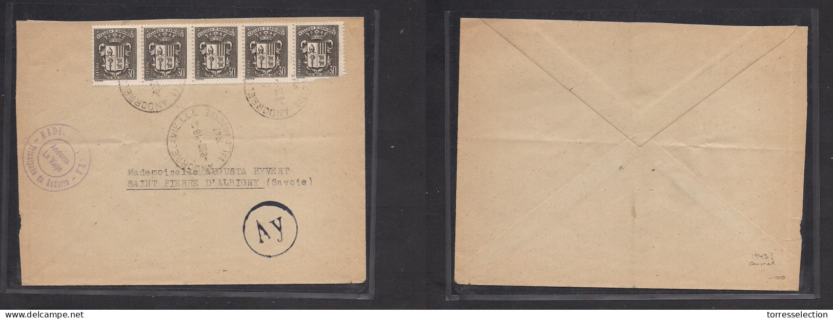 ANDORRA. 1943 (18 Dec) Correo Frances. A La Vieja - St. Pierre D'Albigny, Savoie. Censura Militar. Carta Franqueo Multip - Andere & Zonder Classificatie