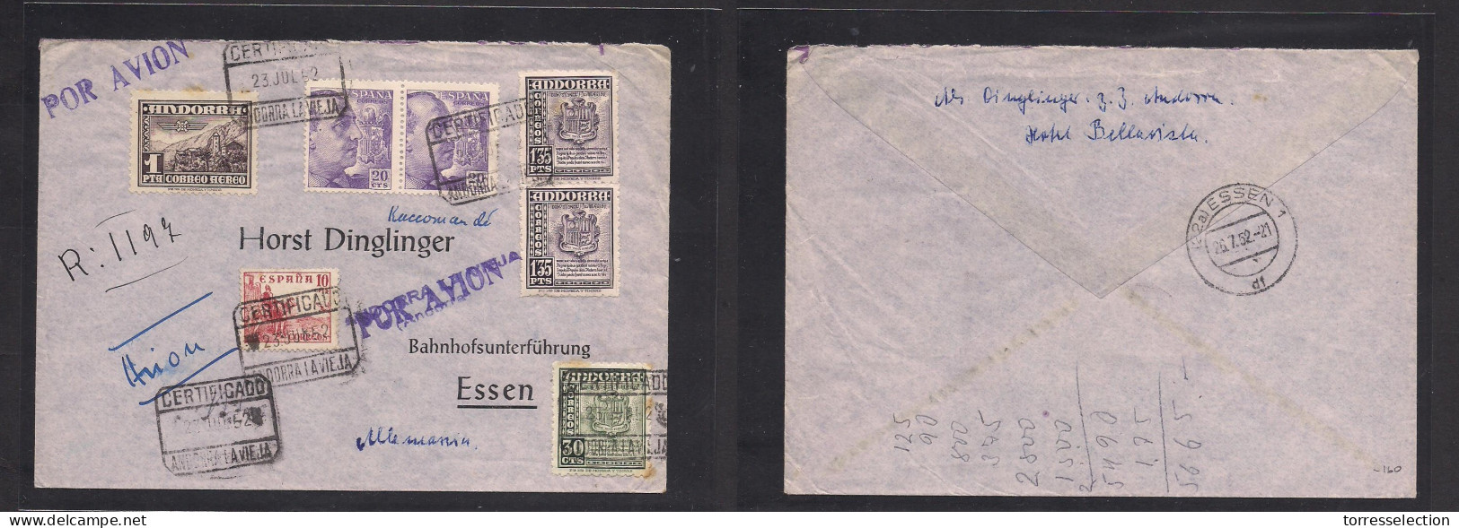 ANDORRA. 1952 (23 Julio) A La Vieja - Alemania, Essen (26 Julio) Sobre Certificado Via Aerea Uso Mixto España Y Andorra  - Other & Unclassified