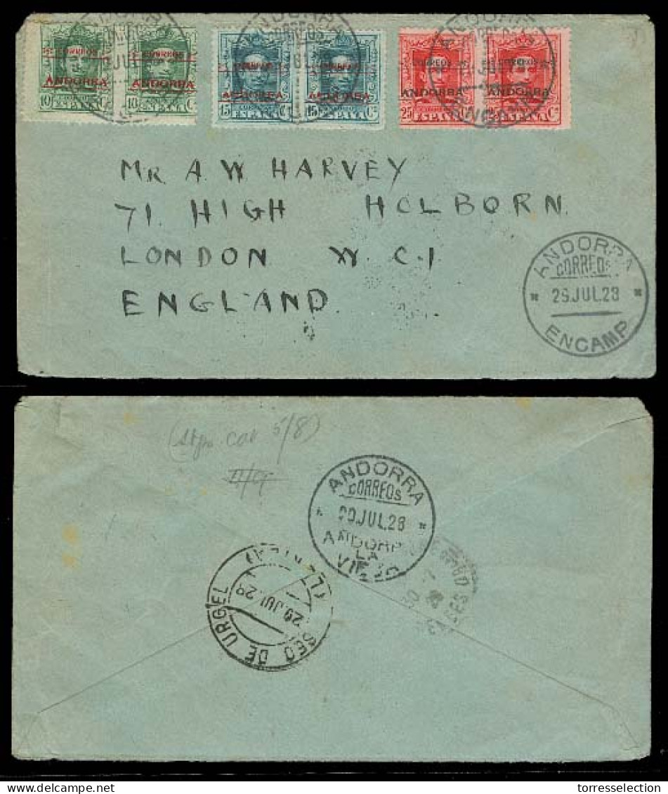 ANDORRA. 1923 (29 Julio). Encamp - Inglaterra. Sobre Circulado Con 1ª Emision Andorra Española Con Parejas Sellos Sobrec - Other & Unclassified