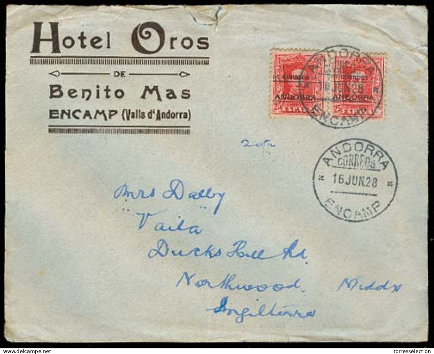 ANDORRA. 1928 (16 Junio). Encamp - Inglaterra. Sobre Hotel Oros Con Franqueo 1ª Emision Sobrec Vaquer 25c Pareja Tarifa  - Autres & Non Classés