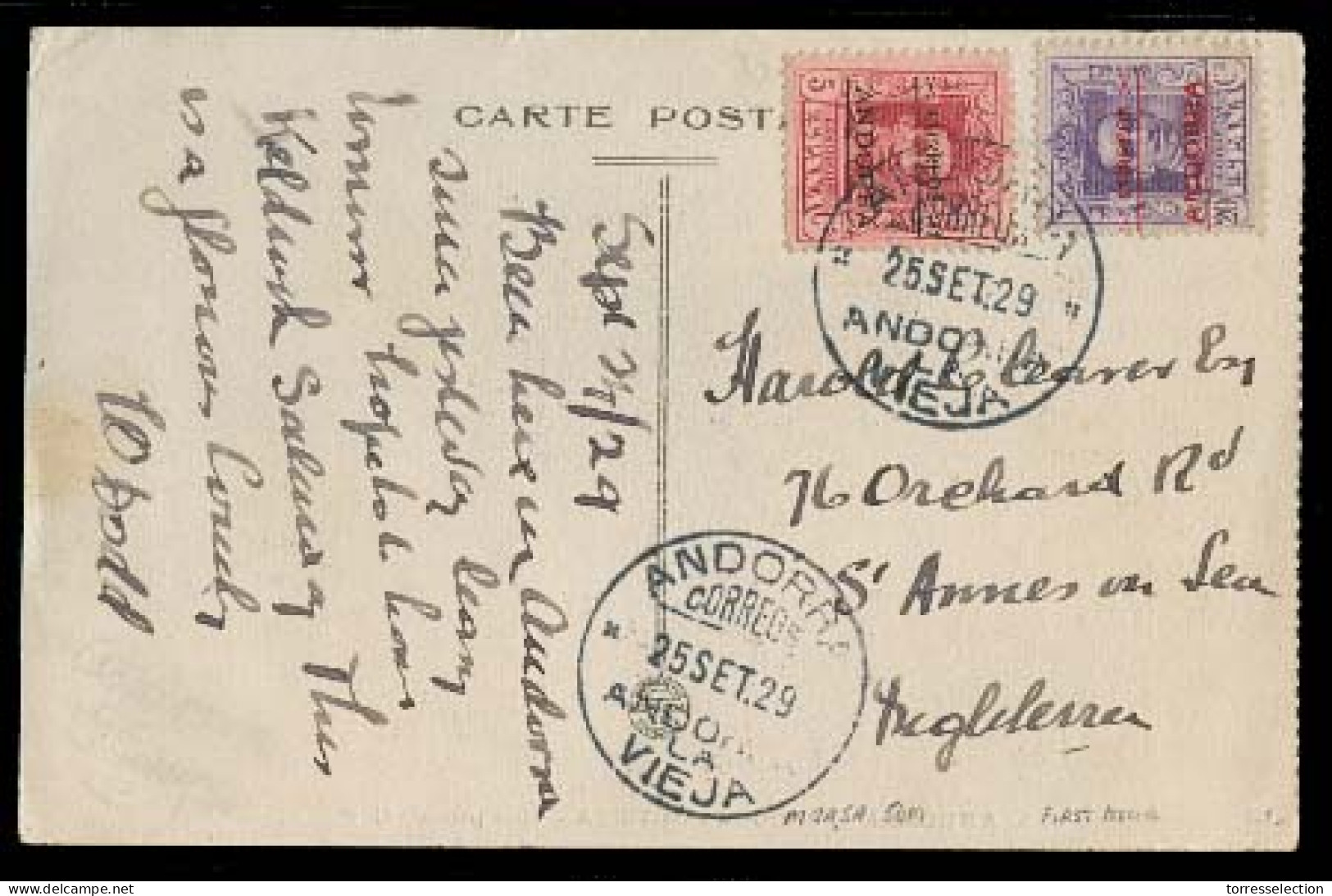 ANDORRA. 1929 (25 Sept). A La Vieja - Inglaterra. TP Circulada Con Sellos 5c + 25c, Mat Fechador. Tarifa 25c. Prec Y Muy - Other & Unclassified