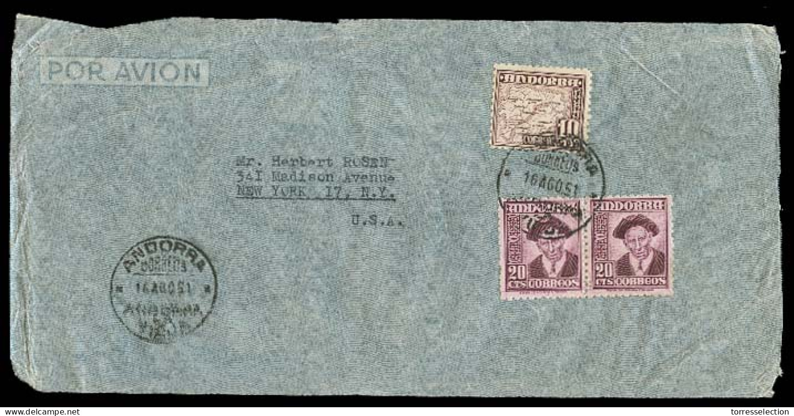 ANDORRA. 1951 (16 Ago). A La Vieja - USA. Franqueo Via Aerea Tarifa 10pts 40c. - Sonstige & Ohne Zuordnung