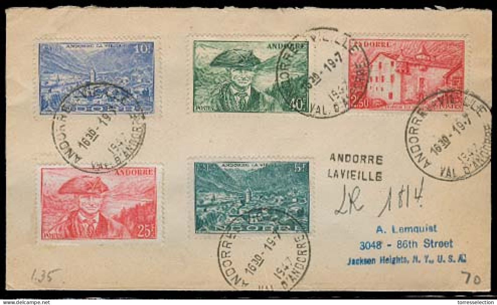 ANDORRA. 1947 (19 Julio). Of Francesa. A La Vielle - USA. Sobre Cert Con Llegada Franqueo Multiple. - Altri & Non Classificati