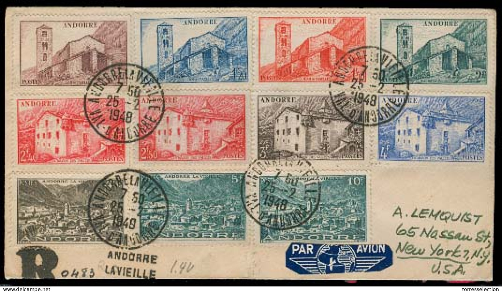 ANDORRA. 1948 (25 Feb). Of Francesa. A La Vielle - USA. Sobre Franqueo Multiple Certificado Via Aerea + Llegada. MB. - Otros & Sin Clasificación