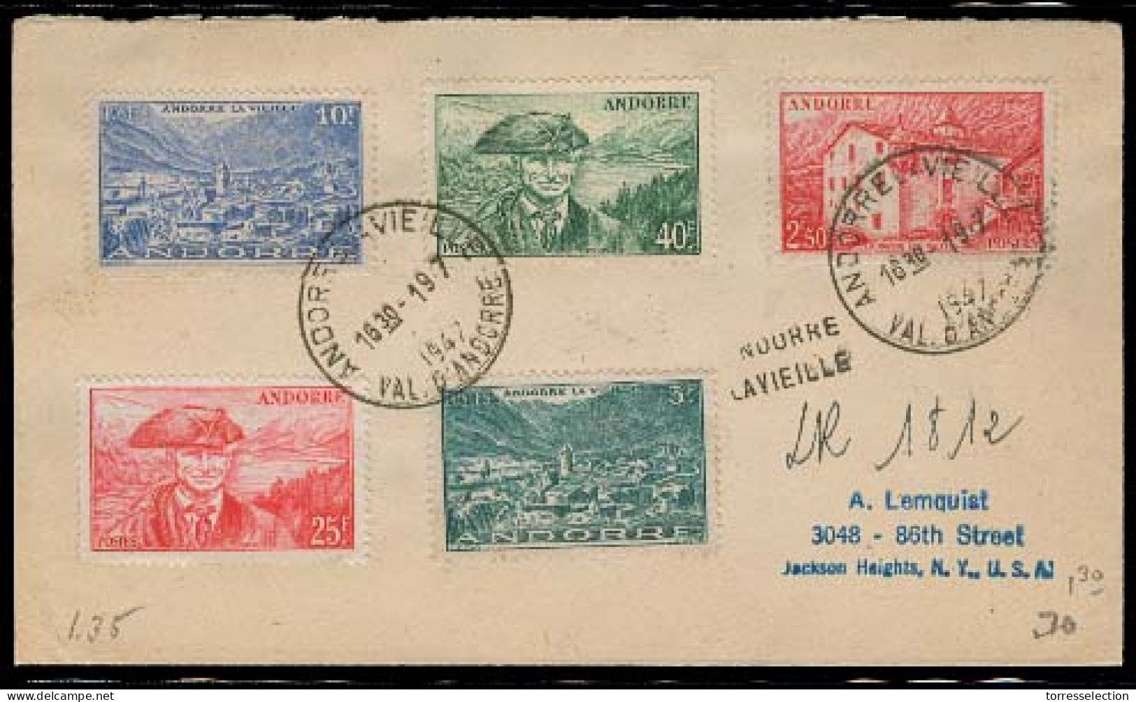 ANDORRA. 1947 (19 Sept). Of Francesa. A La Viella - USA. Sobre Franqueo Multiple (x5) Certificado Con Llegada. - Sonstige & Ohne Zuordnung