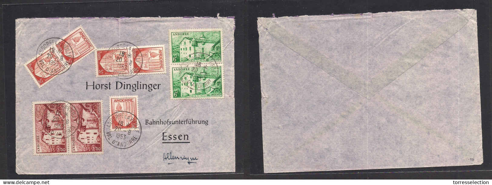 ANDORRA. 1953 (20 Aug) French Post Office. A La Vieille - Germany, Essen. Multifkd Envelope. VF. - Andere & Zonder Classificatie