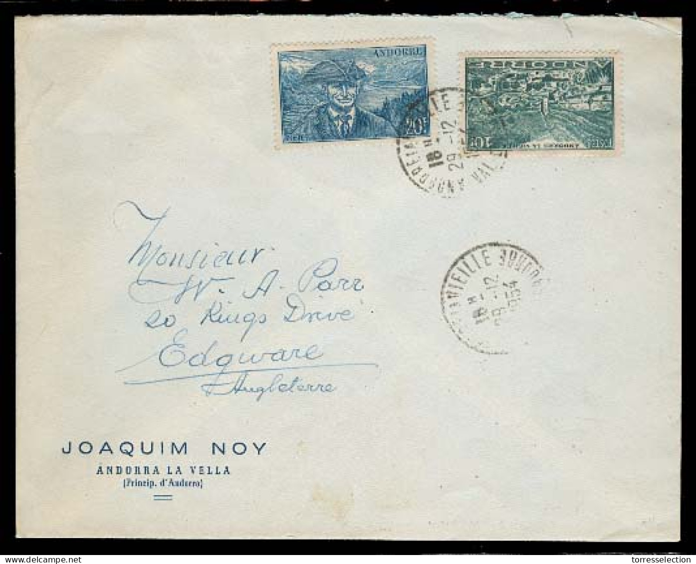 ANDORRA. 1954 (29 Dic). Of Francesa. A La Vielle - GR. Sobre Comercial Impreso. Tarifa 30fr. - Other & Unclassified