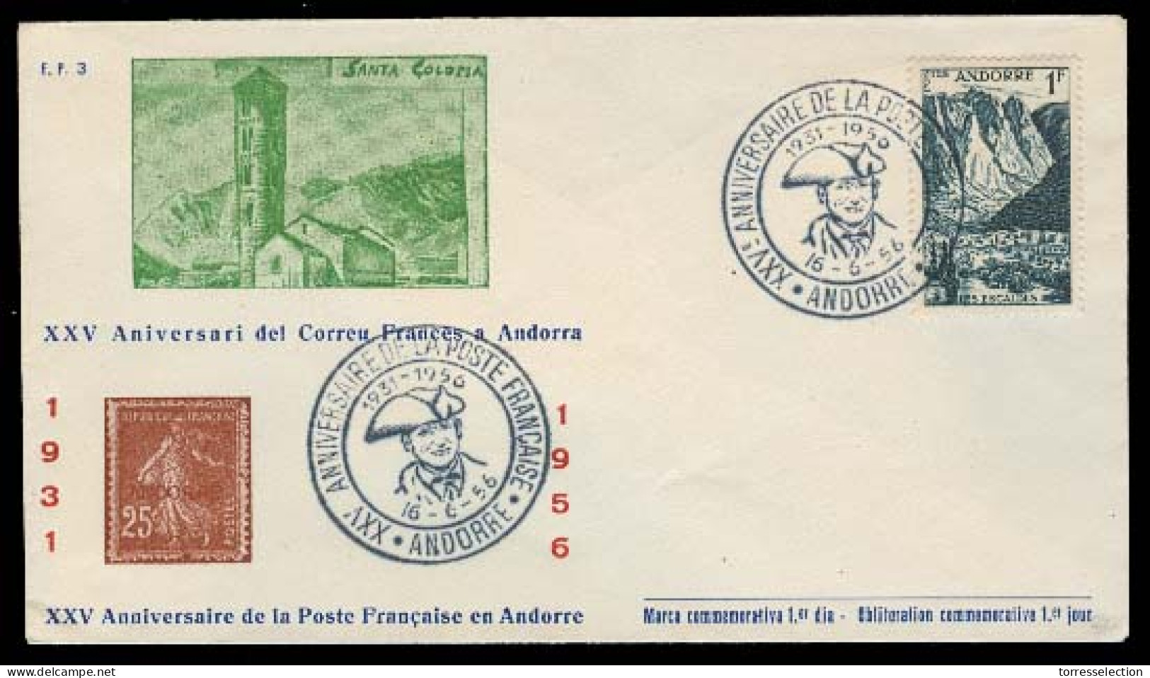 ANDORRA. 1956 (16 Junio). Of Francesa. 25 Amir. Correo Frances. Bonito Sobre. - Autres & Non Classés
