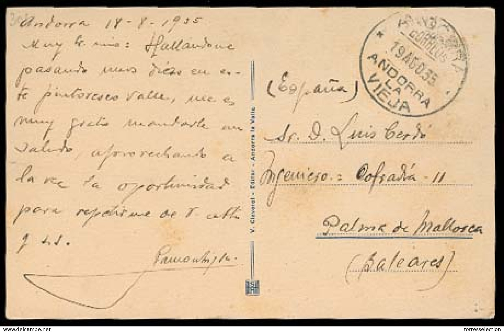 ANDORRA. 1935 (19 Ago). A La Vieja - Palma De Mallorca. TP Consulada Con Franqueo. Con Mensaje. - Andere & Zonder Classificatie