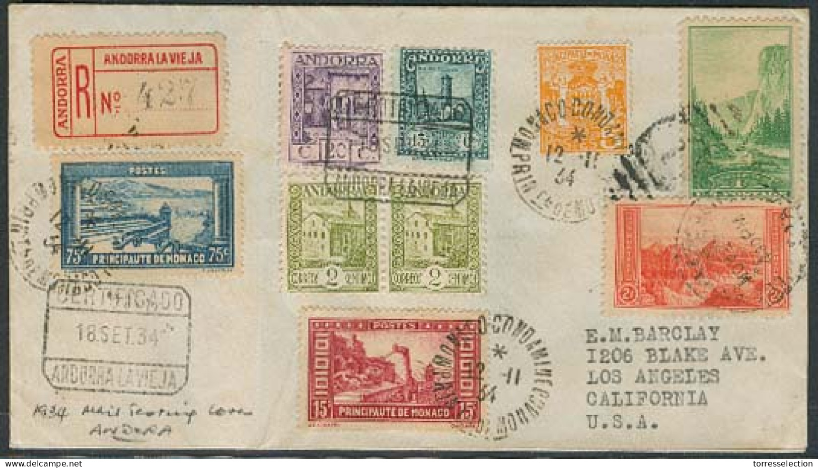 ANDORRA. 1934 (18 Sept). A La Vieja - USA. Sobre Certificao Con Franqueo Combinado Monaco Y USA. Con Transito Barcelona  - Otros & Sin Clasificación