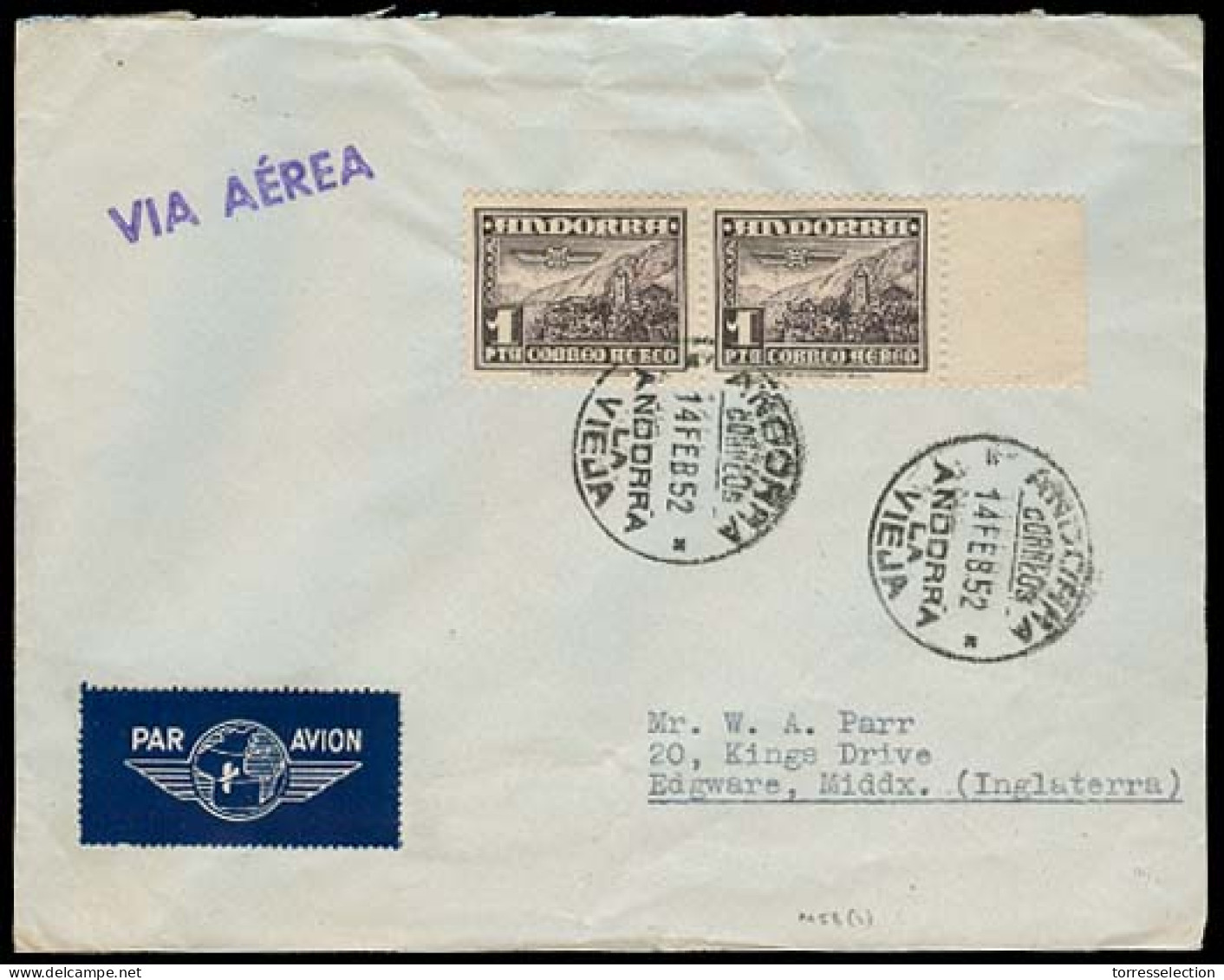 ANDORRA. 1952 (14 Feb). A La Vieja - UK. Via Erea Tarifa 2 Pts. MB. - Sonstige & Ohne Zuordnung