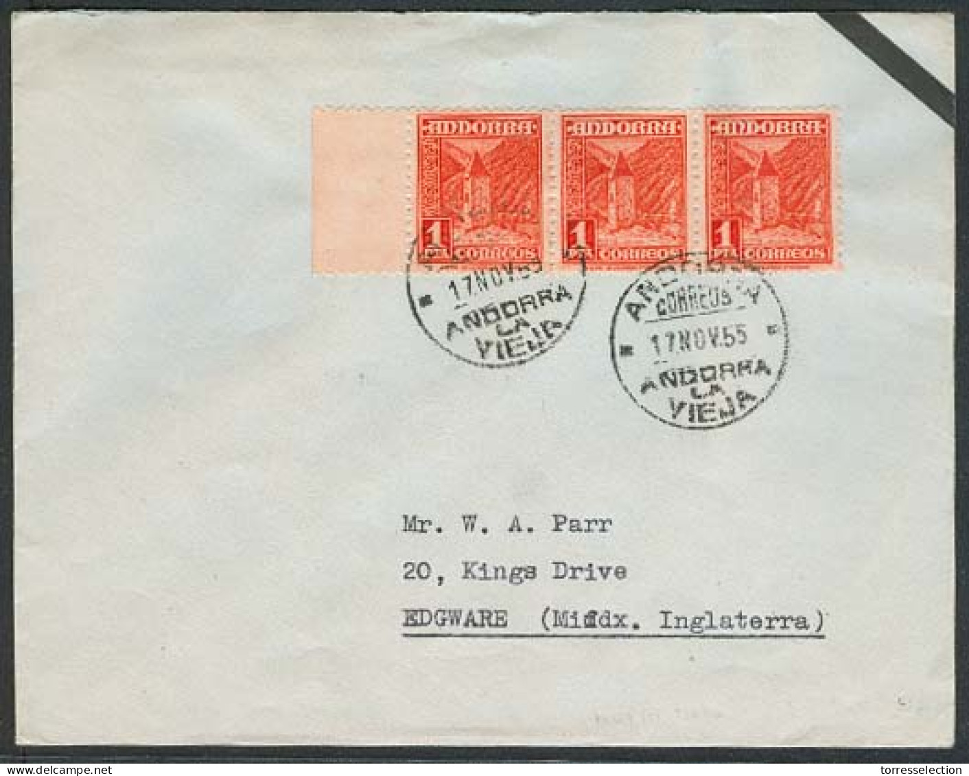 ANDORRA. 1955 (17 Nov). A La Vieja - UK. Tarifa 3 Ptas. Precioso Franqueo 1 Pta Tira 3. - Other & Unclassified