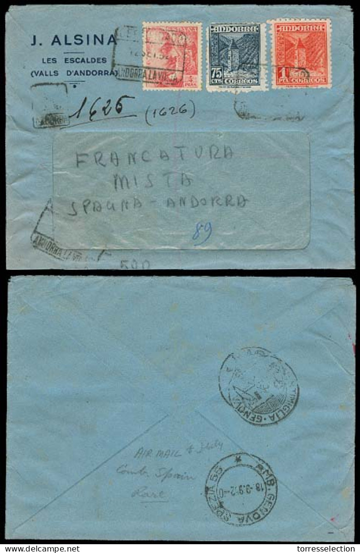 ANDORRA. 1952 (12 Sept). A La Vieja - Italia. Sobre Franqueo Mixto Con España 4 Ptas Franco. Tarifa 5 Pts 75c. - Other & Unclassified