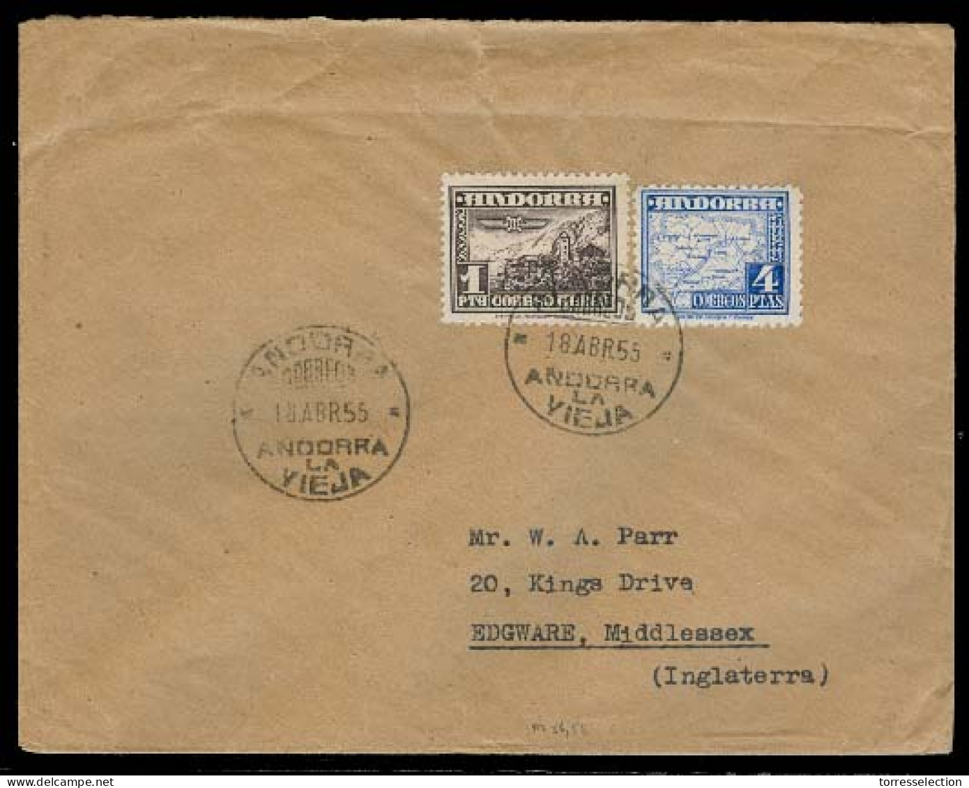 ANDORRA. 1955 (18 Abril). A La Vieja - UK. Tarifa 5 Ptas. Bonito Franqueo Via Aerea. - Other & Unclassified