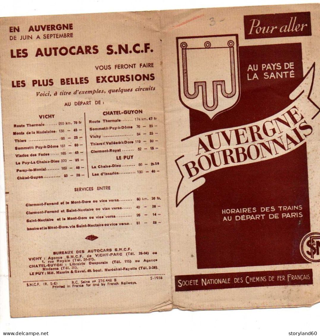 Dépliant  4 Parties Horaire Des Trains Au Départ De Paris Auvergne Bourbonnais Avant Destruction - Railway