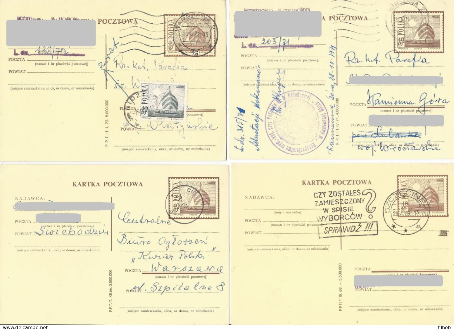 Poland Postcard (2111) Set4+: Used Cp 316 S.66.XII+68.III+71.IV+72.I Yacht In Masuria Sun (postal Circulation) - Stamped Stationery