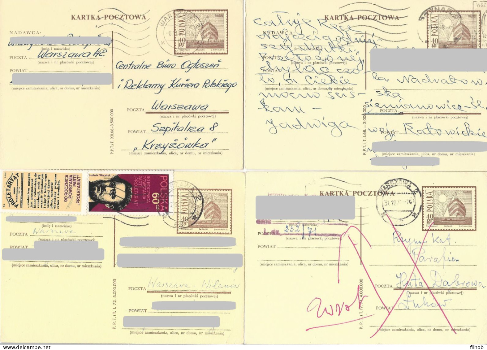 Poland Postcard (2113) Set4+: Used Cp 316 S.66.XII+68.I+71.IV+72.I Yacht In Masuria Sun (postal Circulation) - Stamped Stationery