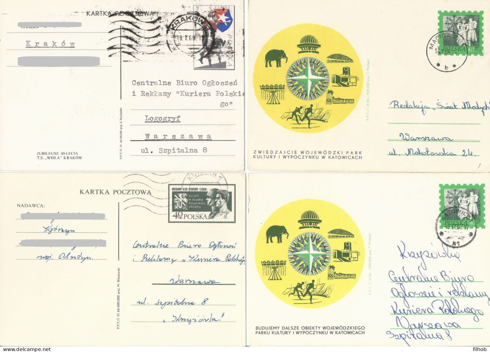 Poland Postcard (2125) Set4: Used Cp 305a+305b+310+312 Sport (postal Circulation) - Stamped Stationery