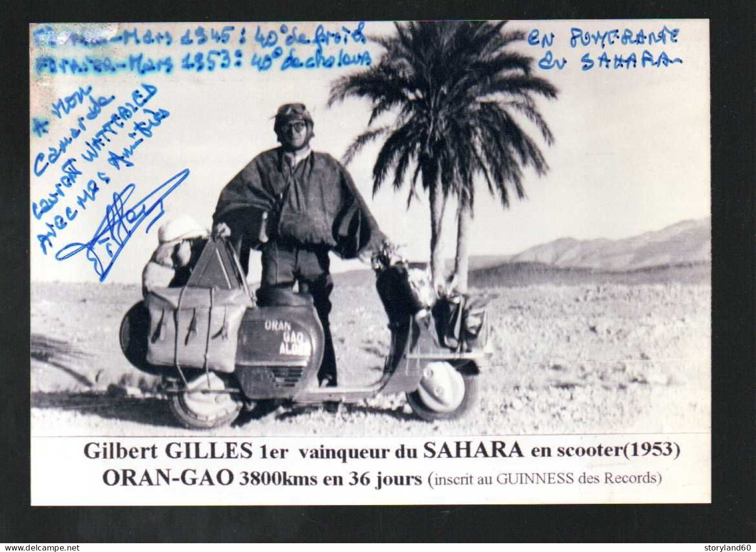 Photo Dédicacée Gilbert Gilles 1er Vainqueur Du Sahara En Scooter 1953, Oran-gao 3800 Kms En 36 Jours - Motor Bikes