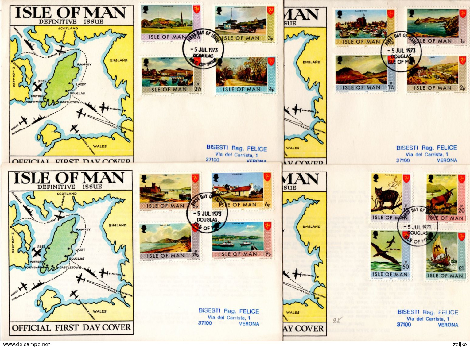 UK, GB, Great Britain, Isle Of Man, FDC, 1973, Michel  12 - 27, Definitive Issue - Isle Of Man