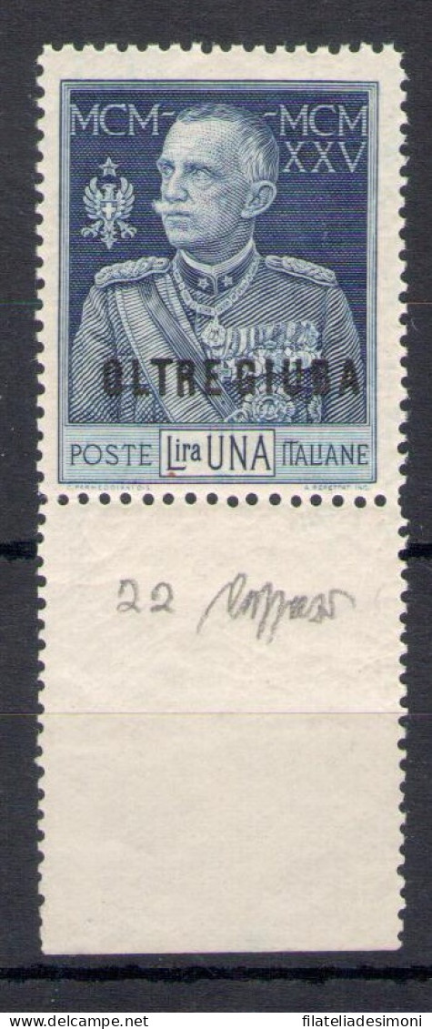 1925-26 Oltre Giuba, N. 22, 1 Lira Azzurra Dentellata 13 1/2 - MNH** - Oltre Giuba