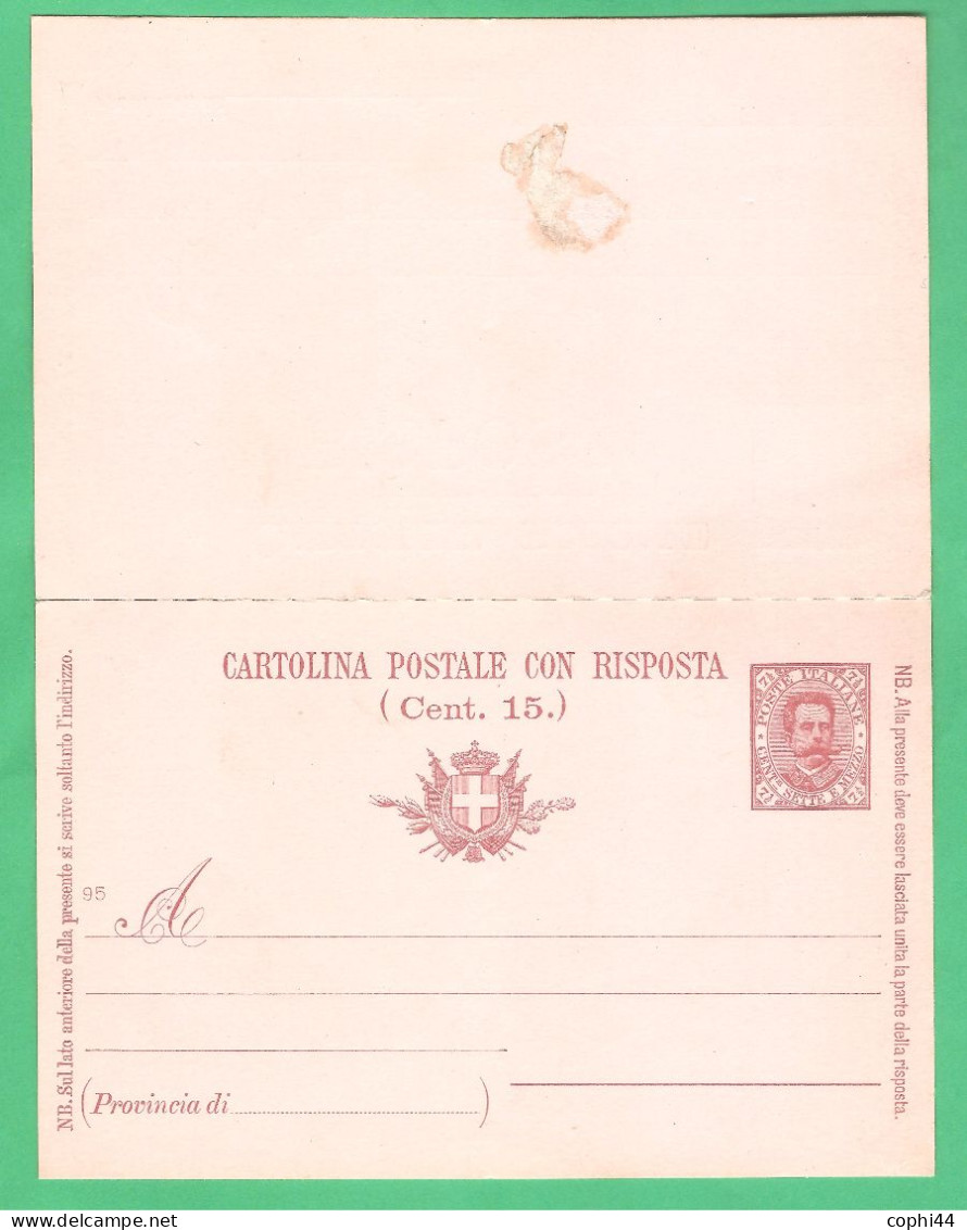 REGNO D'ITALIA 1893 CARTOLINA POSTALE UMBERTO I DOMANDA E RISPOSTA STACCATE Mil. 95 (FILAGRANO C24) C 7,5+7,5 NUOVA - Stamped Stationery