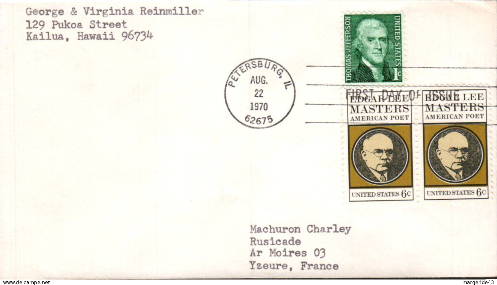 USA ETATS UNIS LETTRE FDC POUR LA FRANCE 1970 EDGAR DEE MASTERS - 1961-1970