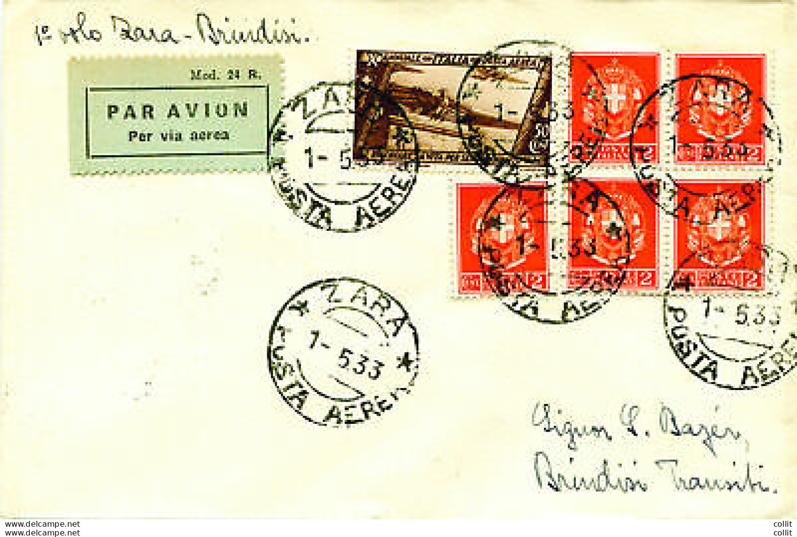 Zara/Brindisi Del 1.5.33 - Primo Volo Bayer - Storia Postale (Posta Aerea)