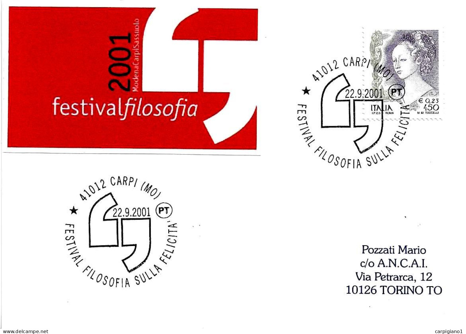 ITALIA ITALY - 2001 CARPI (MO) Festival Filosofia Sulla Felicità - 3231 - 2001-10: Storia Postale