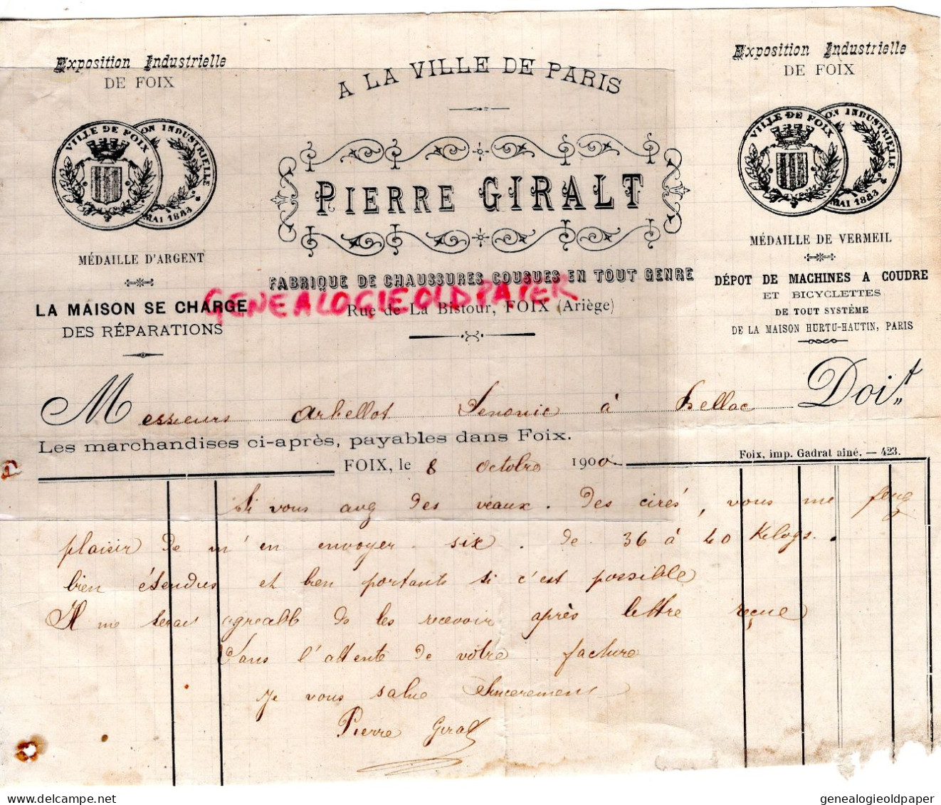 09- FOIX - FACTURE PIERRE GIRALT -FABRIQUE CHAUSSURES  1900- RUE DE LA BISTOUR - Textilos & Vestidos