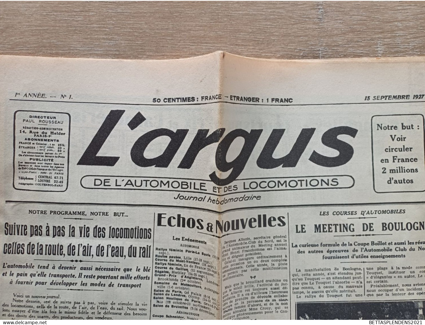 Tout 1er Numéro De " L' ARGUS De L'Automobile Et Des Locomotions - 1re ANNEE - N°1 - 15 Septembre 1927 - Altri & Non Classificati