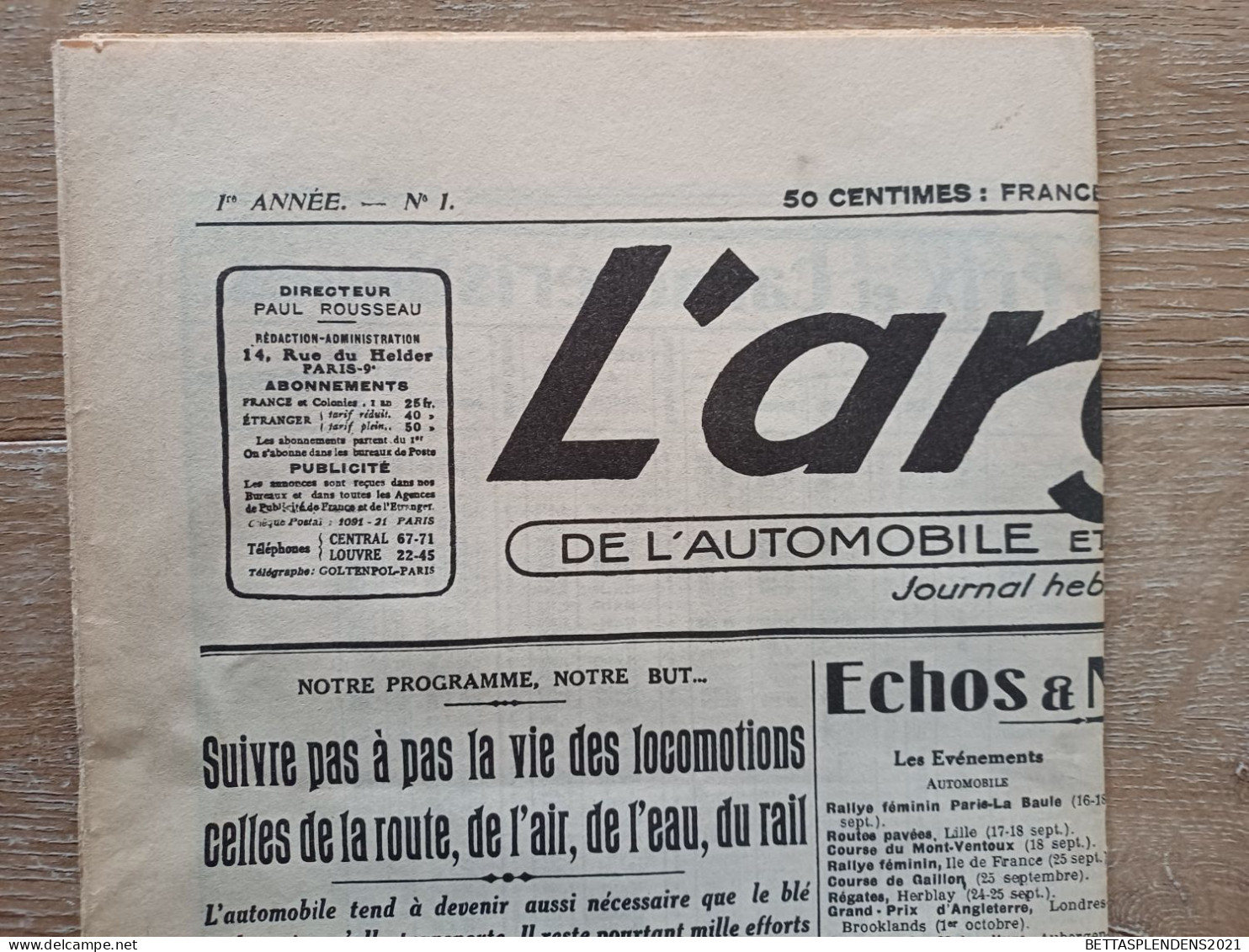 Tout 1er Numéro De " L' ARGUS De L'Automobile Et Des Locomotions - 1re ANNEE - N°1 - 15 Septembre 1927 - Autres & Non Classés