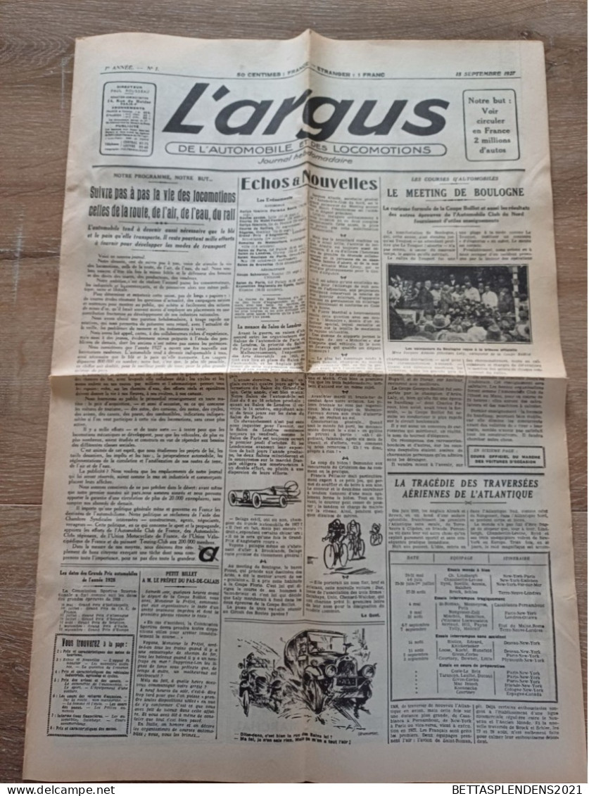 Tout 1er Numéro De " L' ARGUS De L'Automobile Et Des Locomotions - 1re ANNEE - N°1 - 15 Septembre 1927 - Andere & Zonder Classificatie