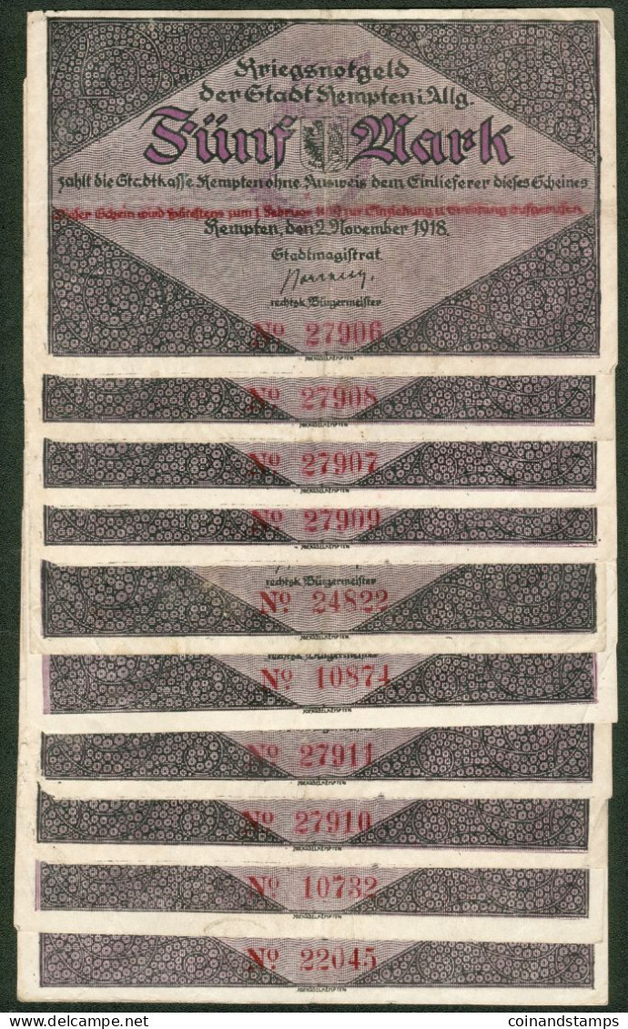 Kriegsnotgeld Kempten Im Allgäu Lot Mit 10x 5 Mark 1918 Verschiedene Serien Nr., II-III, III-IV - Colecciones