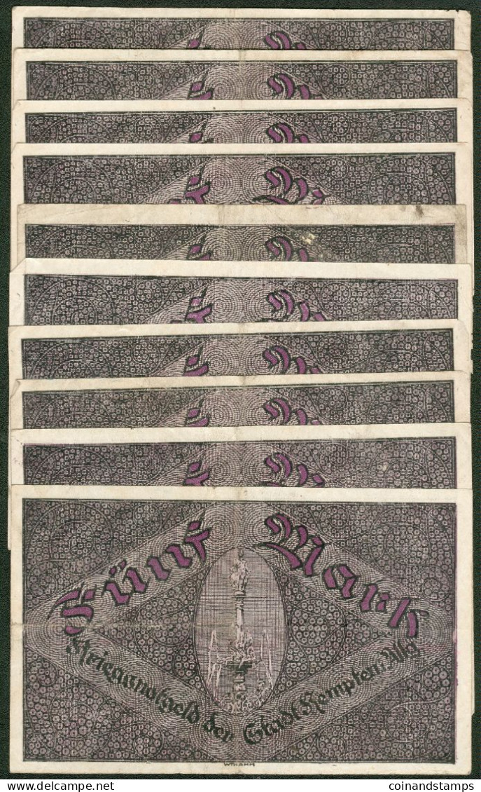 Kriegsnotgeld Kempten Im Allgäu Lot Mit 10x 5 Mark 1918 Verschiedene Serien Nr., II-III, III-IV - Sammlungen