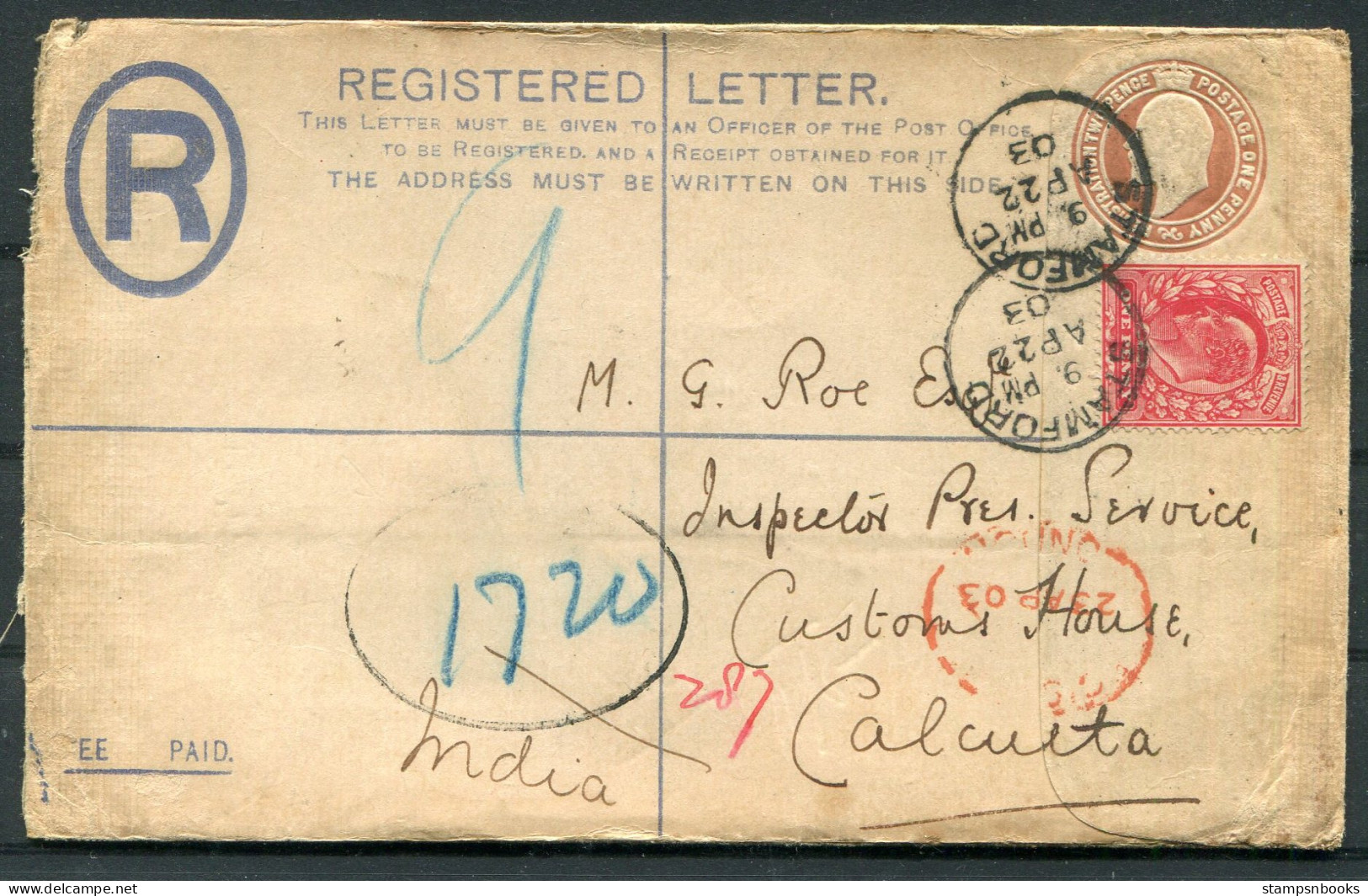 1903 GB Registered Letter Stationery Stamford - Customs House, Calcutta India Via Sea Post Office  - Covers & Documents