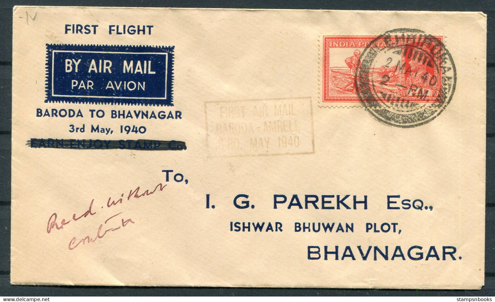 1940 India LEHRIPURA/ Baroda - Bhavnagar First Flight Airmail Cover  - 1936-47 Roi Georges VI