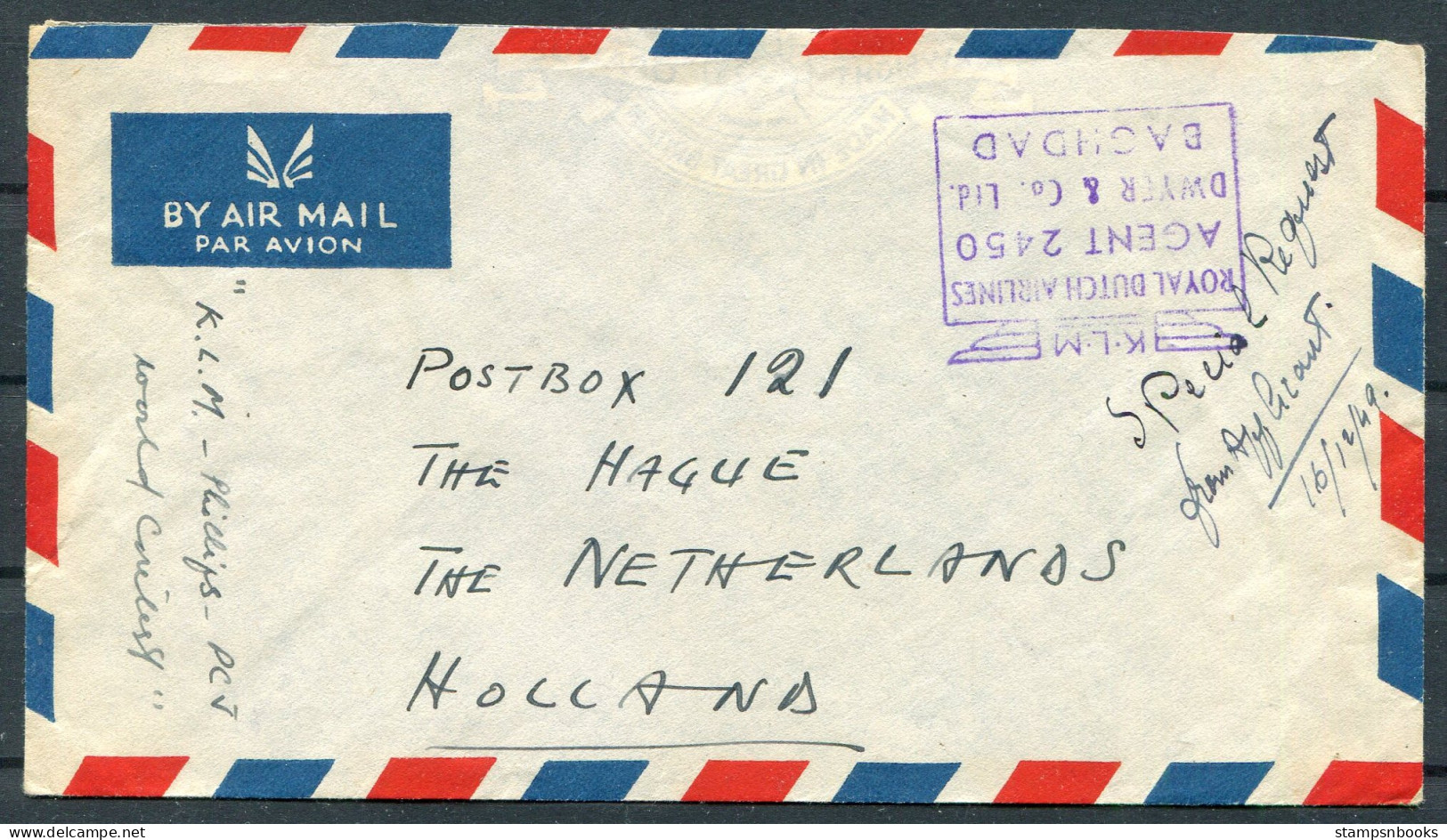 1949 Iraq Royal Dutch Airlines KLM Agent Dwyer & Co. Baghdad Airmail - The Hague, Netherlands - Iraq